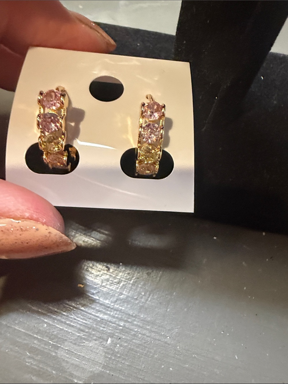Gold Hoop Huggie Earrings with Pink, green and Clear Stones